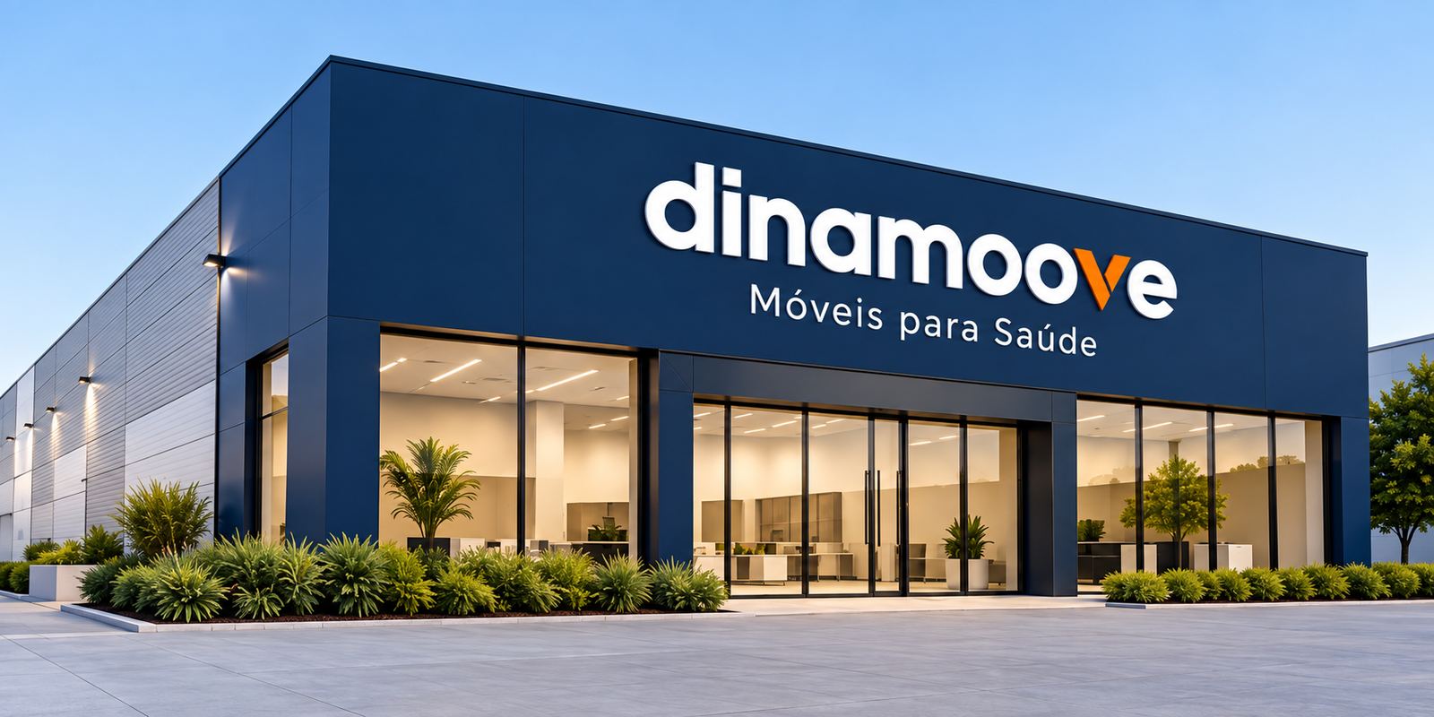 Fachada navy da Dinamoove com a assinatura Móveis para Saúde
